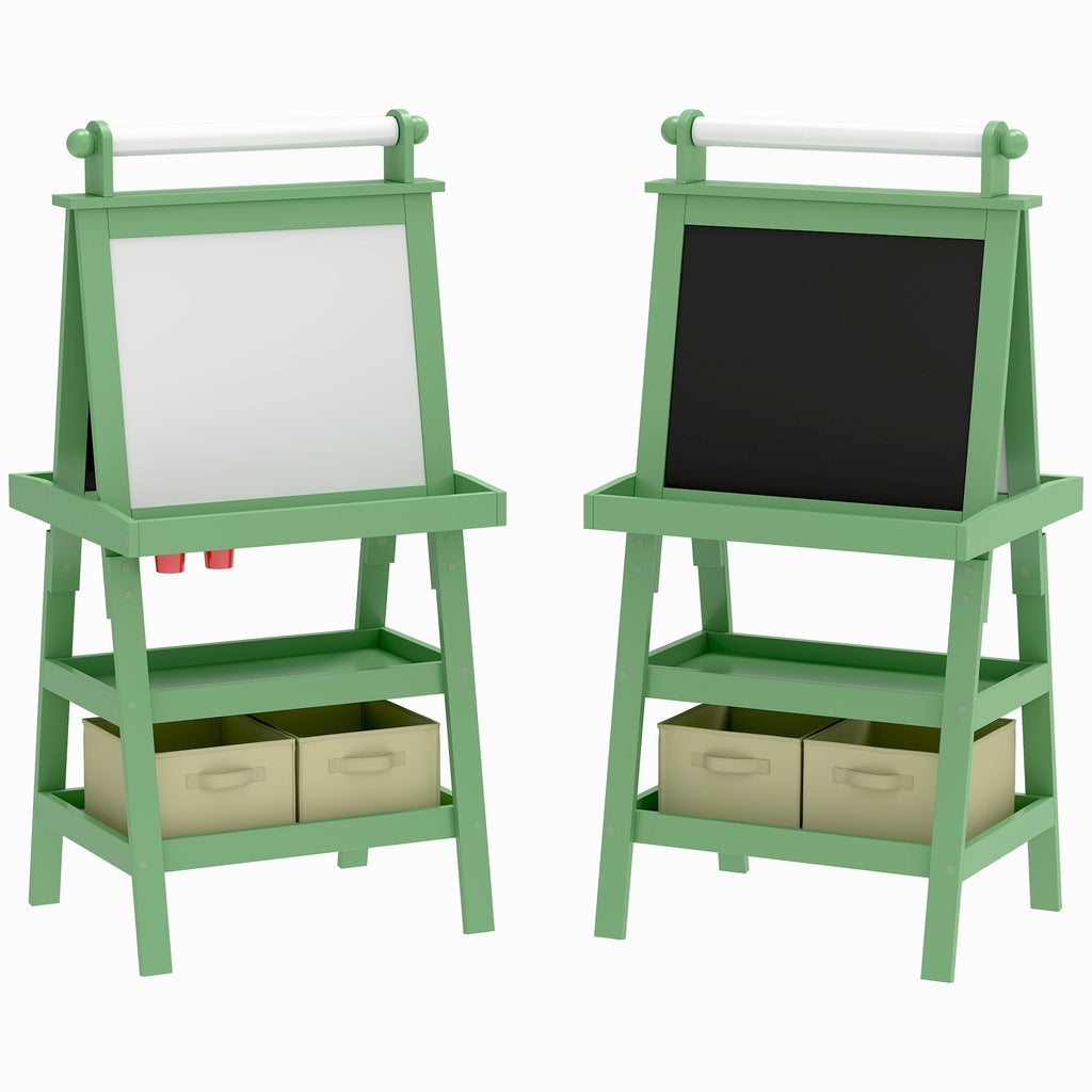 3 In 1 Kids Easel Double-Sided Magnetic Whiteboard And Chalkboard With Paper Roll, Storage Baskets - Green - Tiny Explorers Club