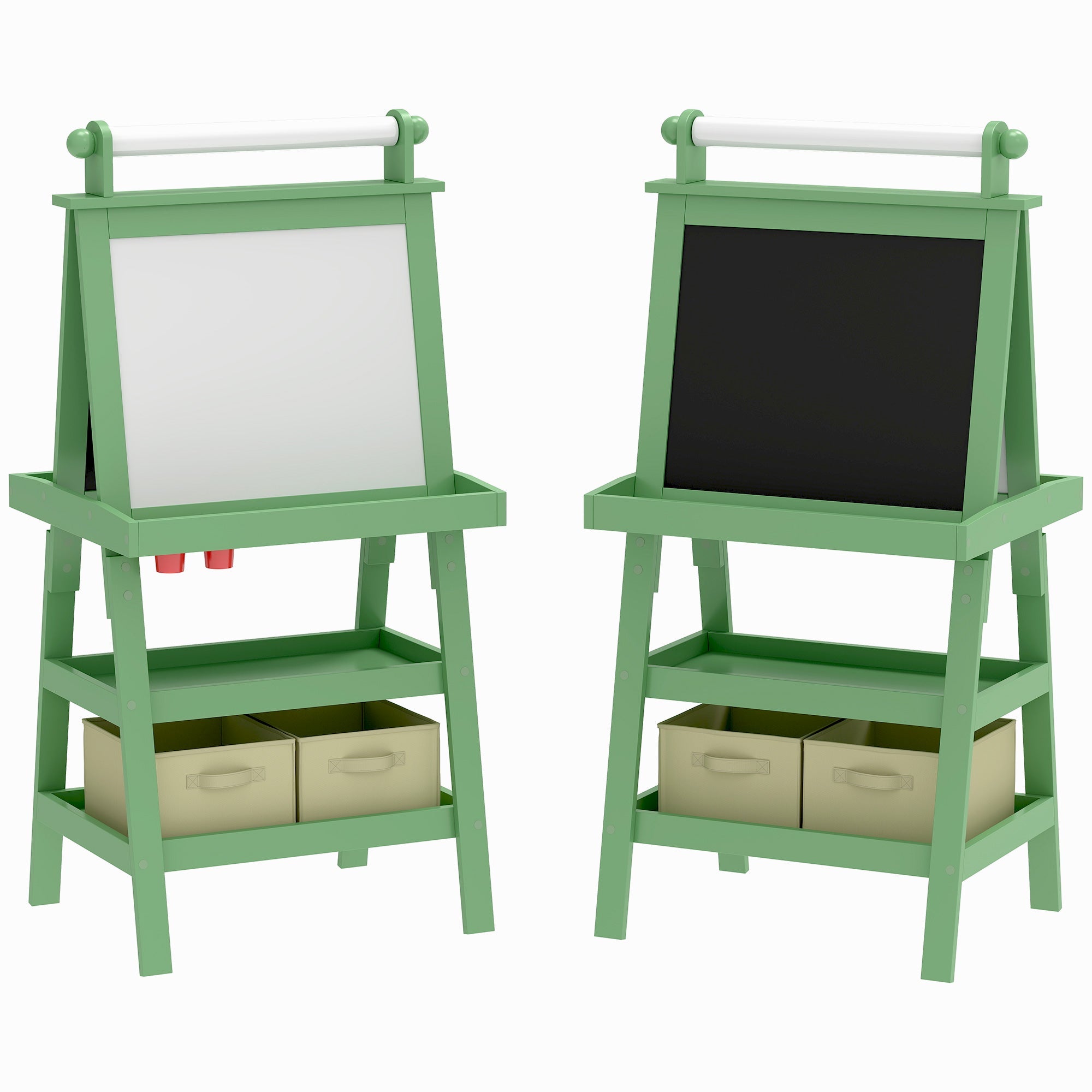 3 In 1 Kids Easel Double-Sided Magnetic Whiteboard And Chalkboard With Paper Roll, Storage Baskets - Green - Tiny Explorers Club