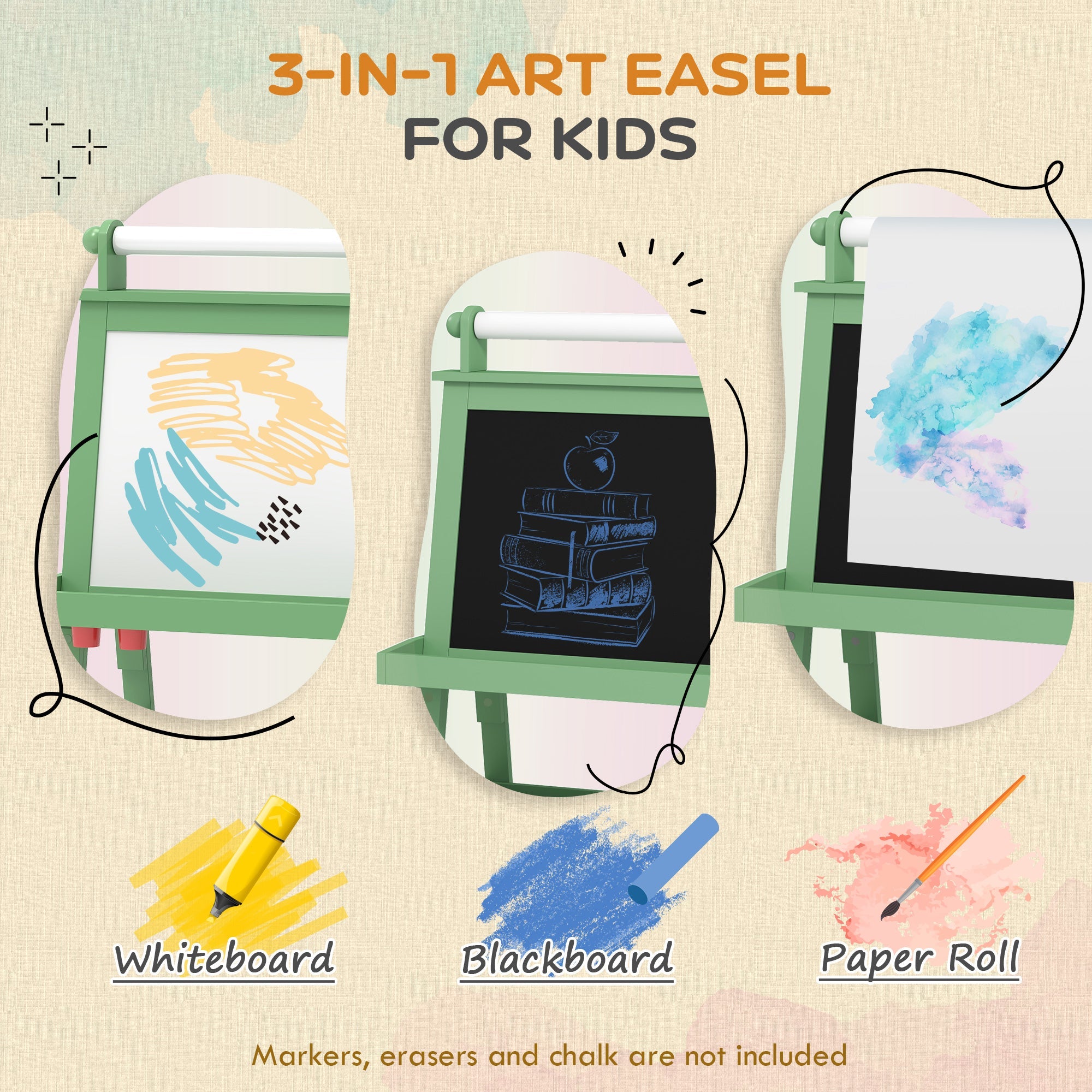 3 In 1 Kids Easel Double-Sided Magnetic Whiteboard And Chalkboard With Paper Roll, Storage Baskets - Green - Tiny Explorers Club