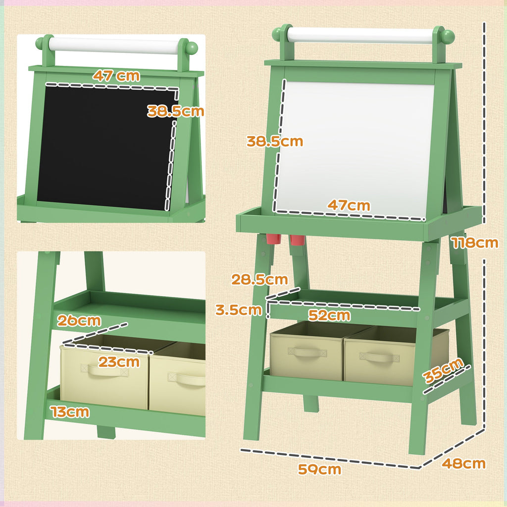 3 In 1 Kids Easel Double-Sided Magnetic Whiteboard And Chalkboard With Paper Roll, Storage Baskets - Green - Tiny Explorers Club