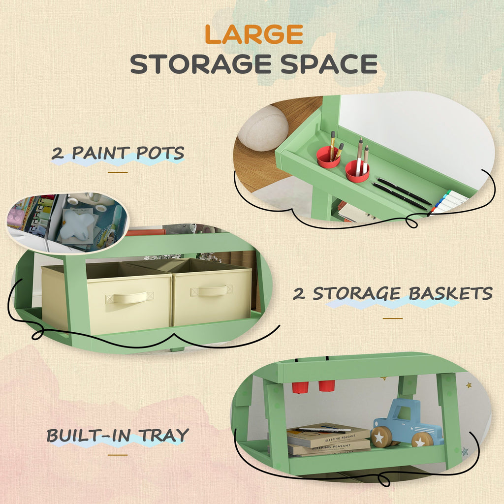 3 In 1 Kids Easel Double-Sided Magnetic Whiteboard And Chalkboard With Paper Roll, Storage Baskets - Green - Tiny Explorers Club