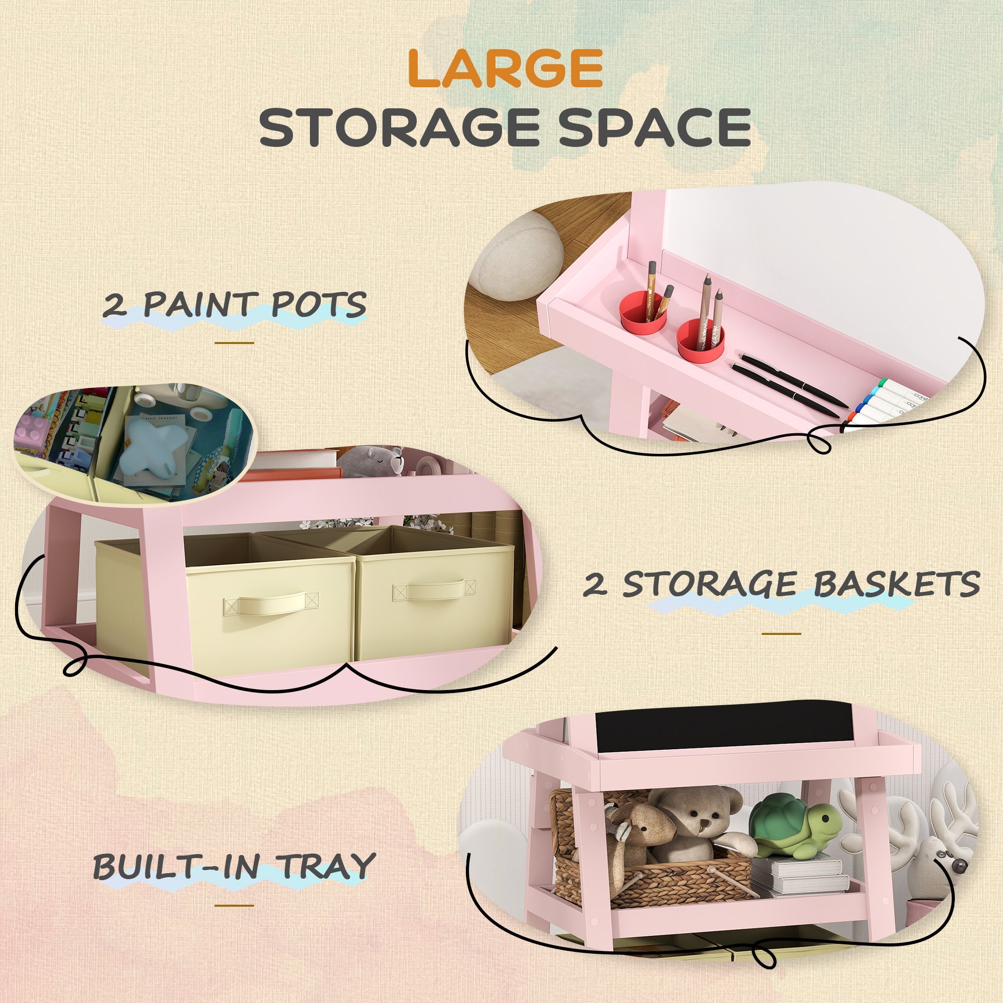 3 In 1 Kids Easel Double-Sided Magnetic Whiteboard And Chalkboard With Paper Roll, Storage Baskets - Pink - Tiny Explorers Club