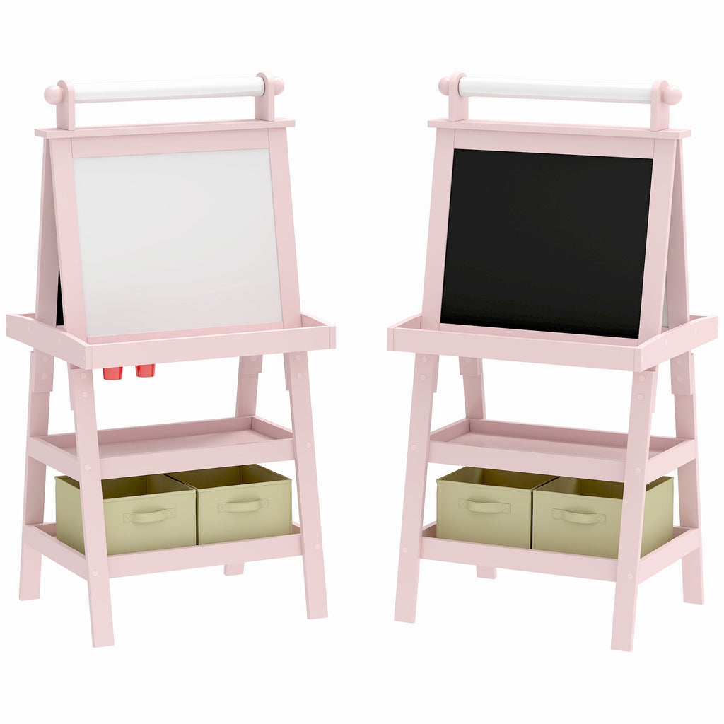 3 In 1 Kids Easel Double-Sided Magnetic Whiteboard And Chalkboard With Paper Roll, Storage Baskets - Pink - Tiny Explorers Club