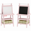 3 In 1 Kids Easel Double-Sided Magnetic Whiteboard And Chalkboard With Paper Roll, Storage Baskets - Pink - Tiny Explorers Club