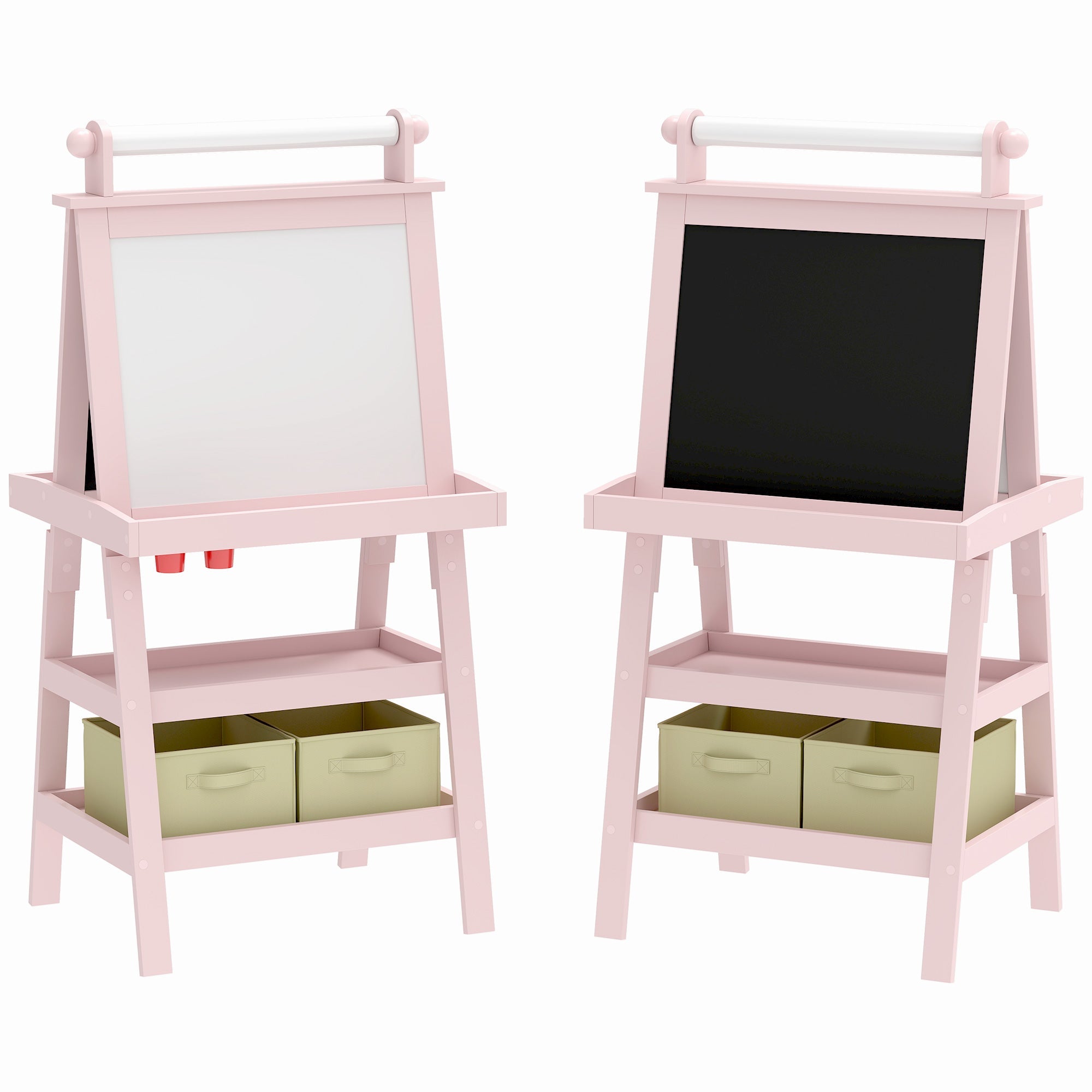 3 In 1 Kids Easel Double-Sided Magnetic Whiteboard And Chalkboard With Paper Roll, Storage Baskets - Pink - Tiny Explorers Club