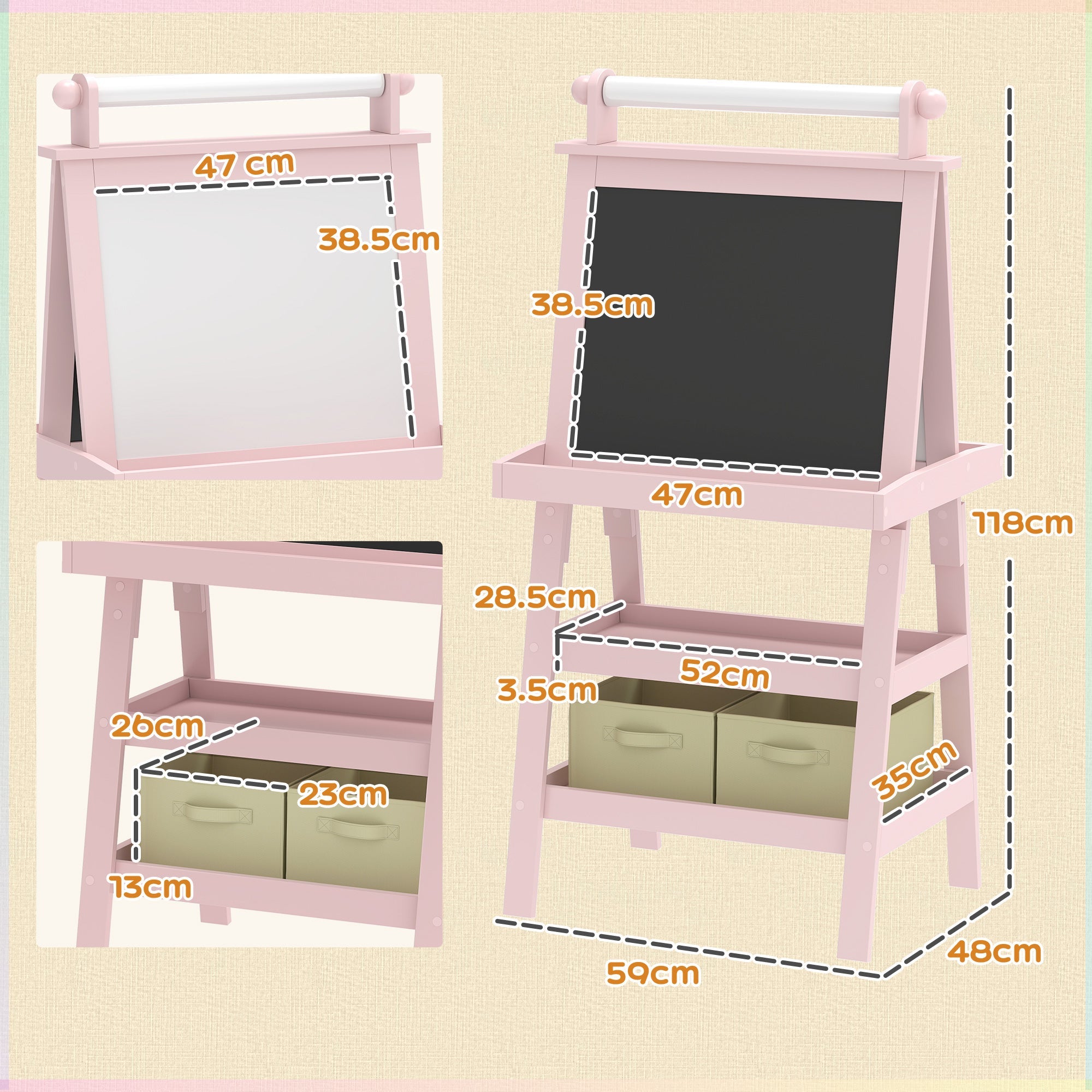 3 In 1 Kids Easel Double-Sided Magnetic Whiteboard And Chalkboard With Paper Roll, Storage Baskets - Pink - Tiny Explorers Club