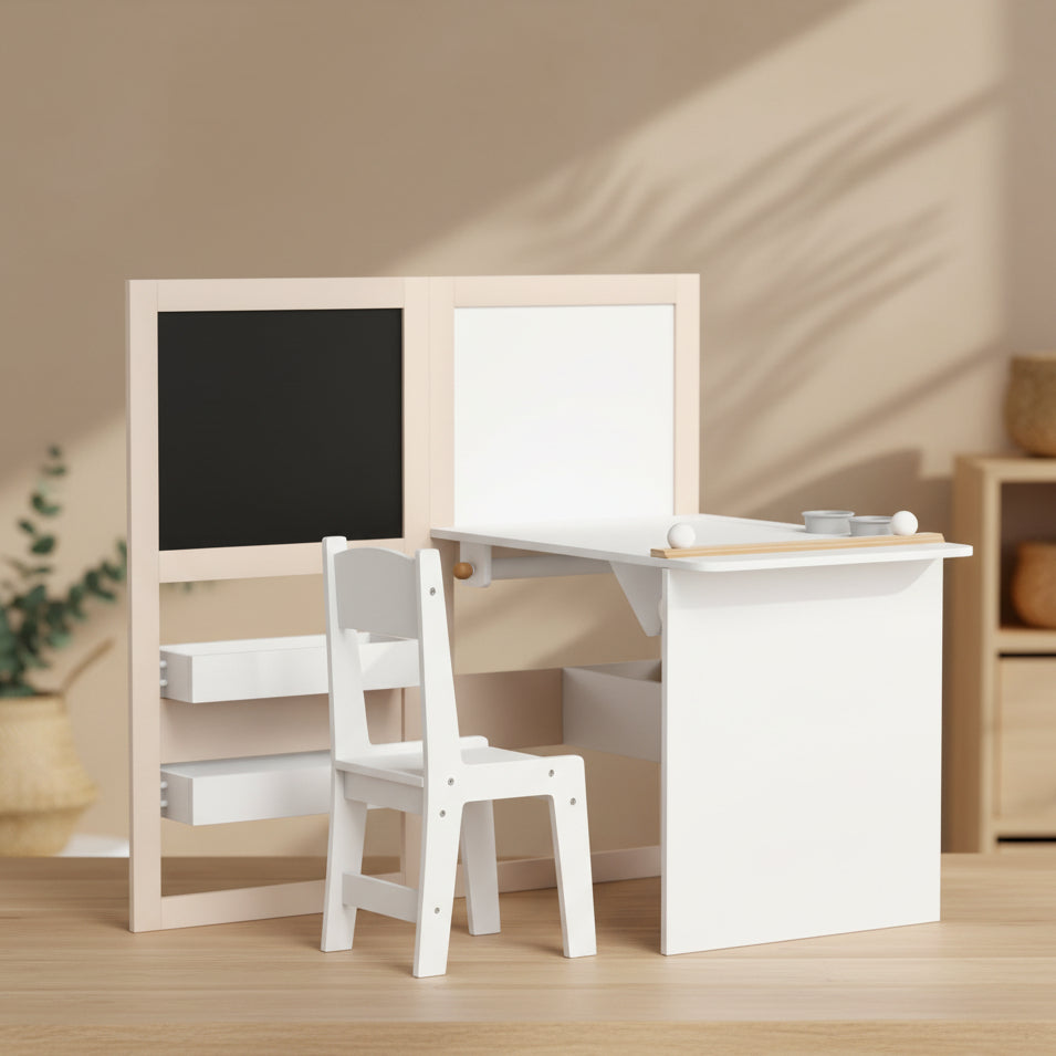 3 In 1 Kids Table And Chair Set With Storage, Whiteboard, Blackboard & Roll Paper, White - Tiny Explorers Club