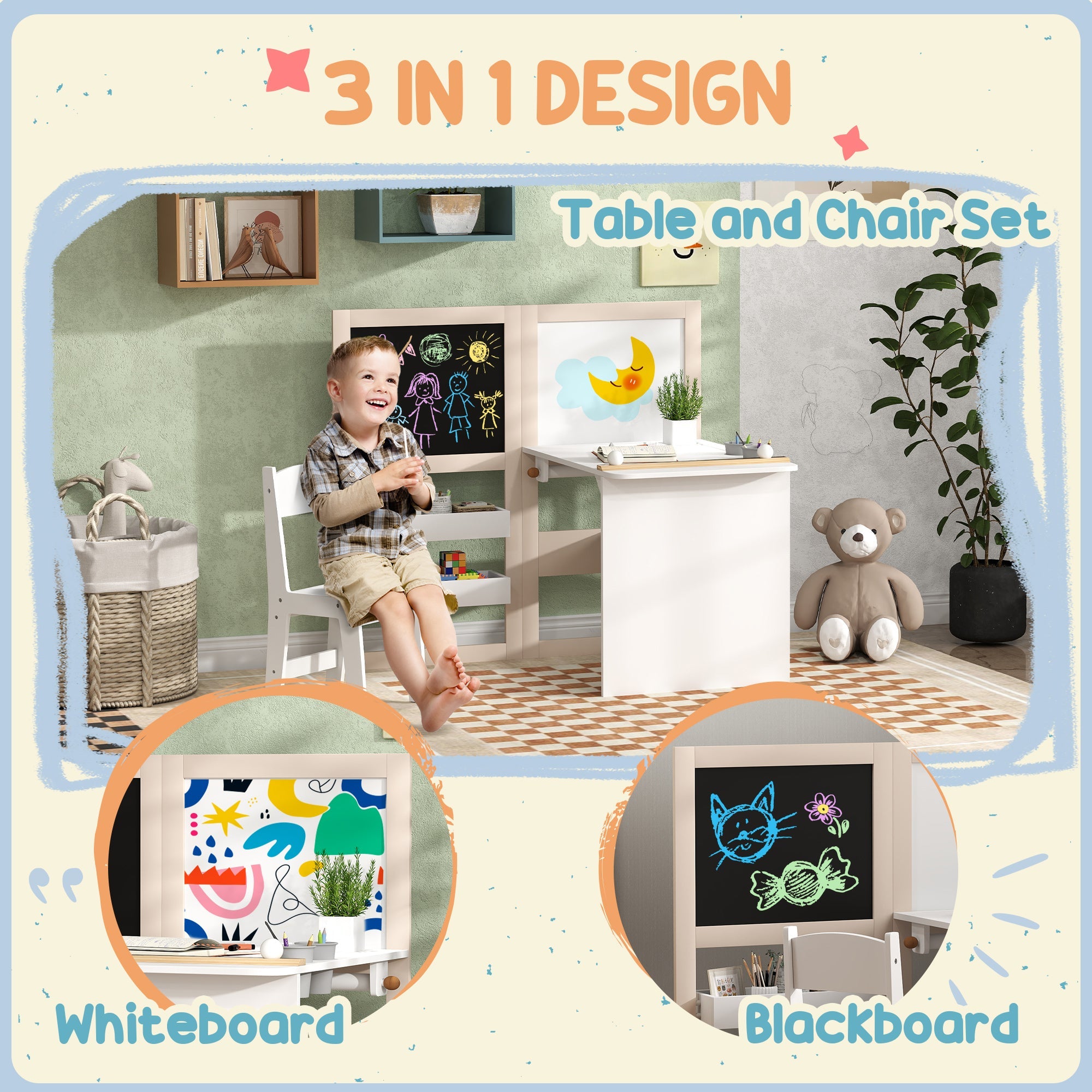 3 In 1 Kids Table And Chair Set With Storage, Whiteboard, Blackboard & Roll Paper, White - Tiny Explorers Club