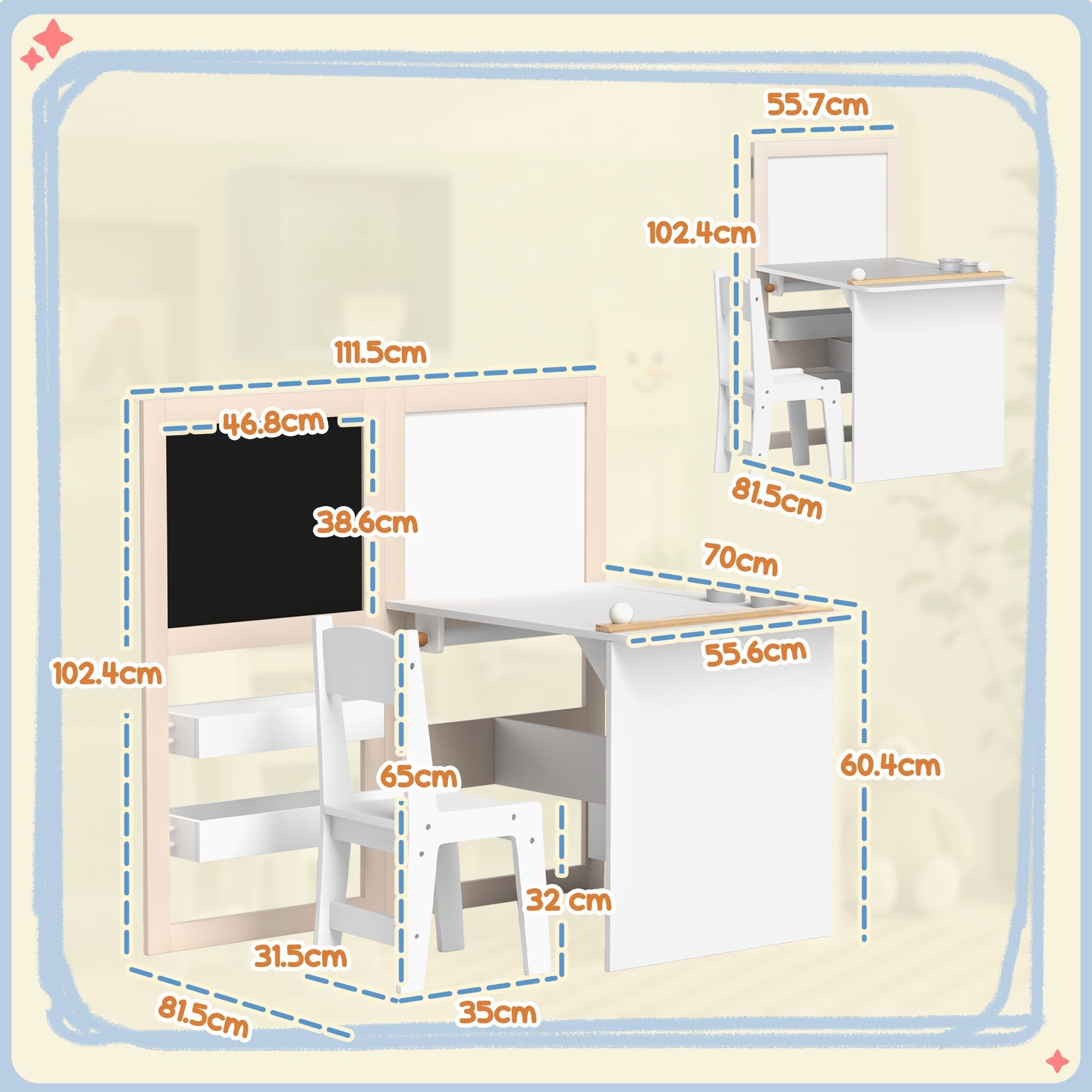 3 In 1 Kids Table And Chair Set With Storage, Whiteboard, Blackboard & Roll Paper, White - Tiny Explorers Club