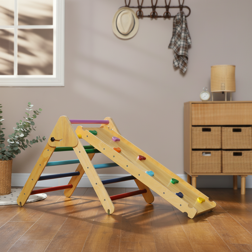 Wooden Pikler Triangle Climbing Frame with Slide | Montessori Indoor Play Gym ⭐