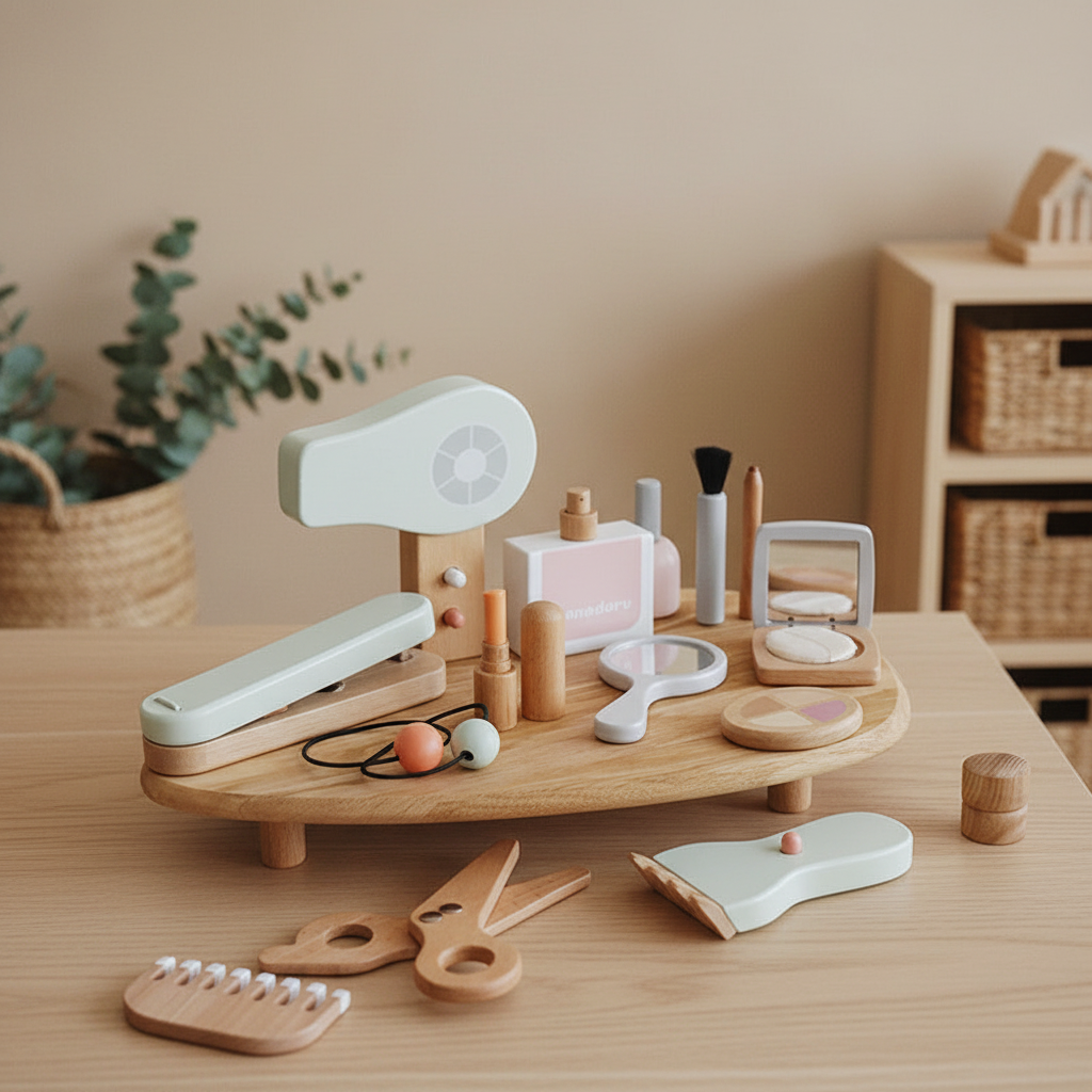 Kids Wooden Hairdresser & Makeup Play Set | Pretend Salon Role Play Toy with Hair Dryer & Accessories