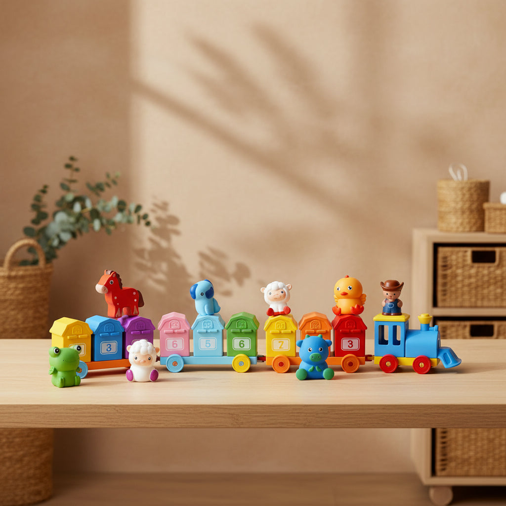 Wooden Farm Animal Train Set | Colour Matching, Finger Puppets & Lock Activity Toy
