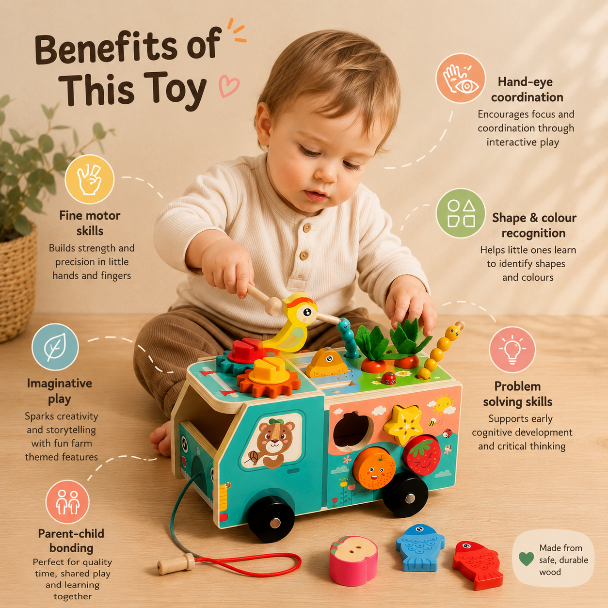 Wooden Farm Shape Sorting Truck | Montessori Animal Sorting Toy for Toddlers