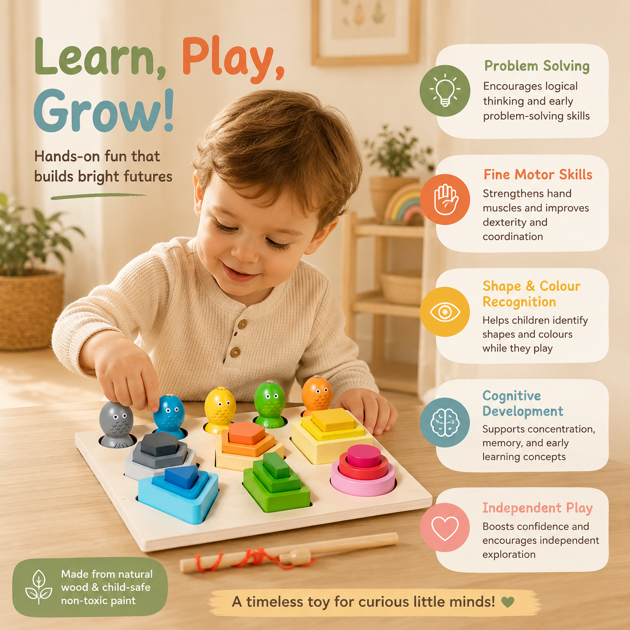 Wooden 5-in-1 Shape Sorting Board | Montessori Stacking, Colour Matching & Magnetic Fishing Toy