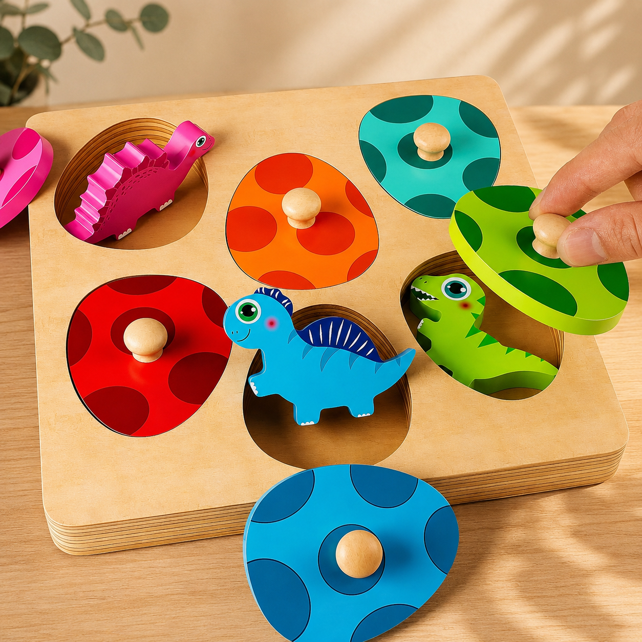 Wooden Dinosaur Peg Puzzle | Montessori Matching & Colour Sorting Toy