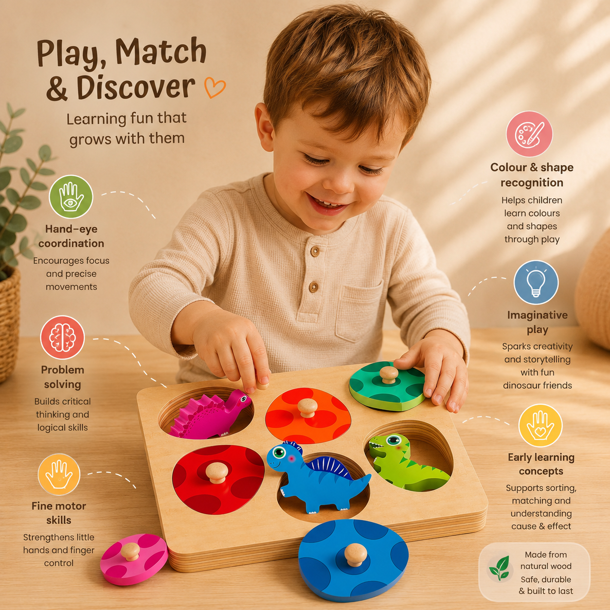 Wooden Dinosaur Peg Puzzle | Montessori Matching & Colour Sorting Toy