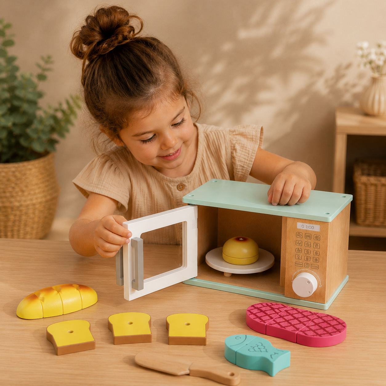 Montessori Wooden Microwave &amp; Food Set | Pretend Play Kitchen Toy