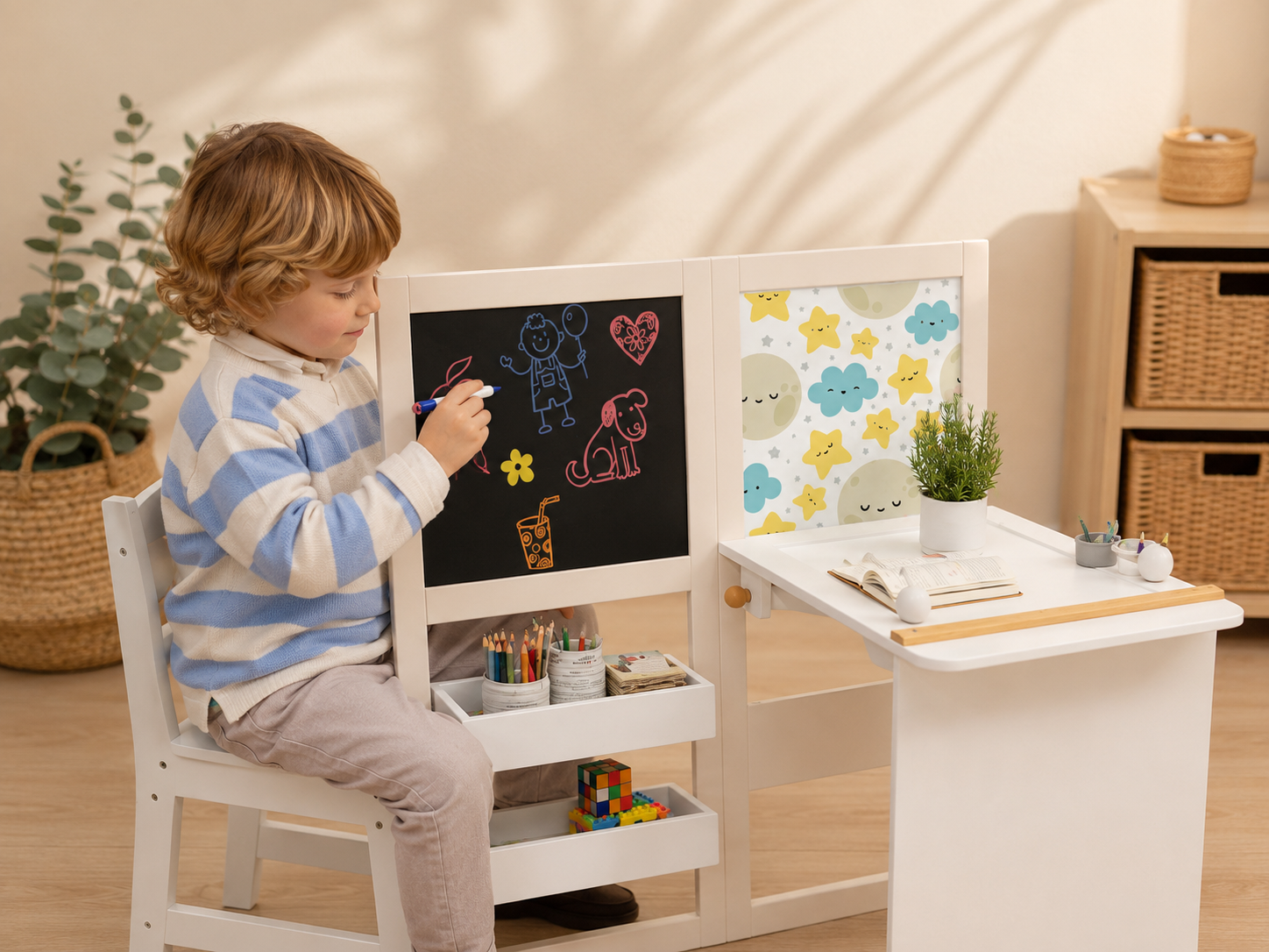 3-in-1 Kids Activity Table & Chair Set | Whiteboard, Blackboard & Paper Roll with Storage