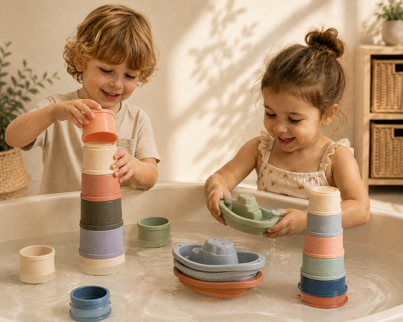 Neutral Bath Pouring Toy Set | Straw-Coloured Water Play Toys for Toddlers