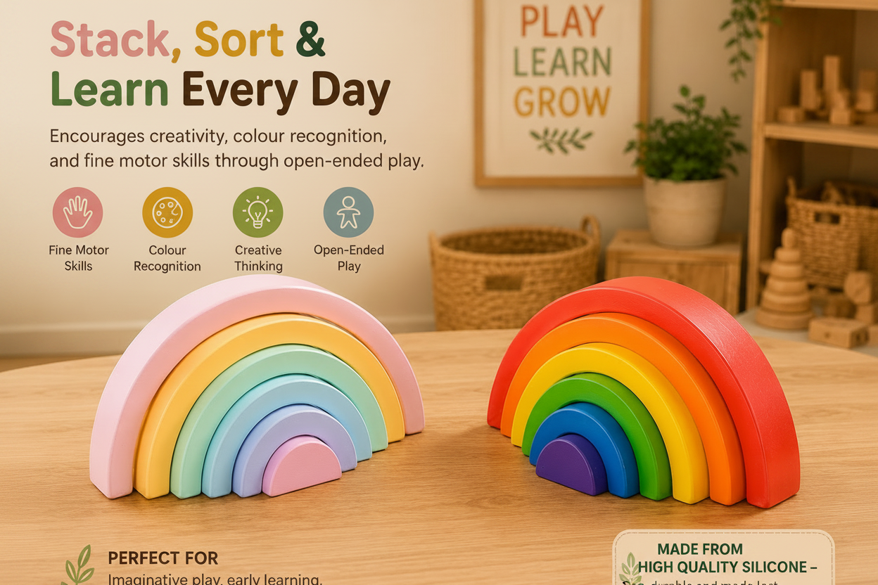 Silicone Rainbow Stacking Toy | Montessori Sensory Building Toy for Babies
