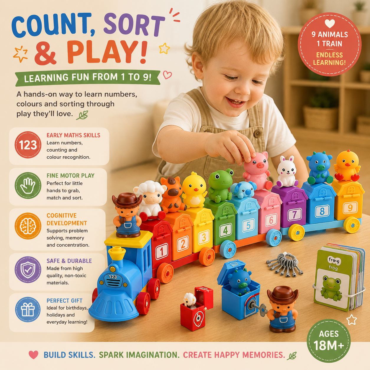 Wooden Farm Animal Train Set | Colour Matching, Finger Puppets & Lock Activity Toy