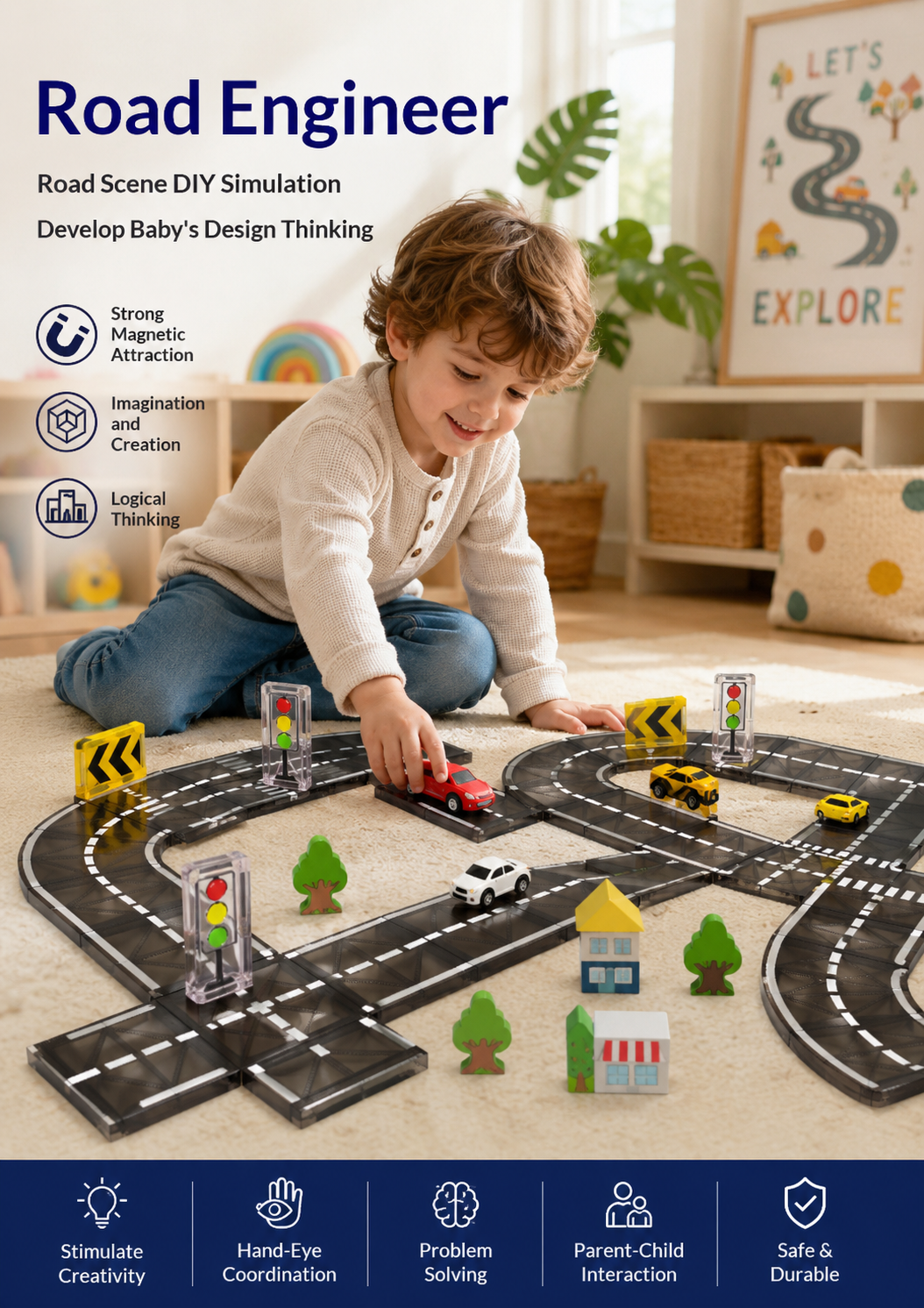 44-Piece Magnetic Road Tiles Set with Car | STEM Construction Toy for Kids