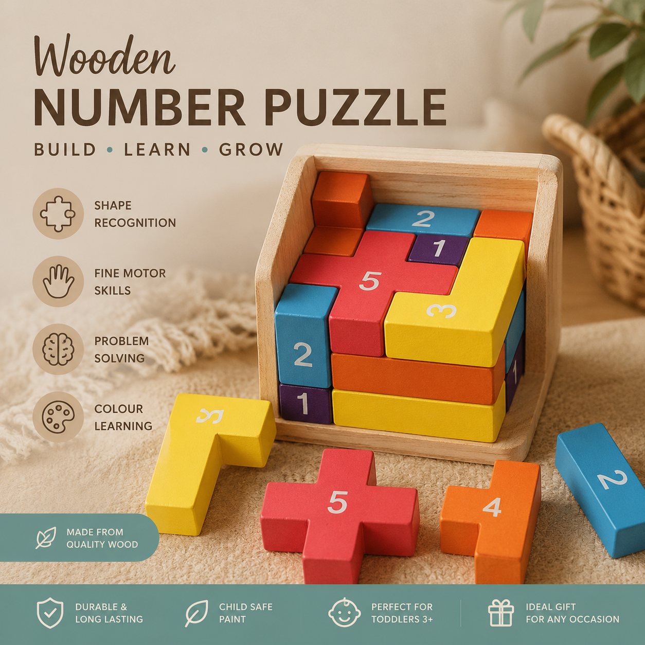 Wooden Number Puzzle Cube | Montessori Brain Teaser for Kids
