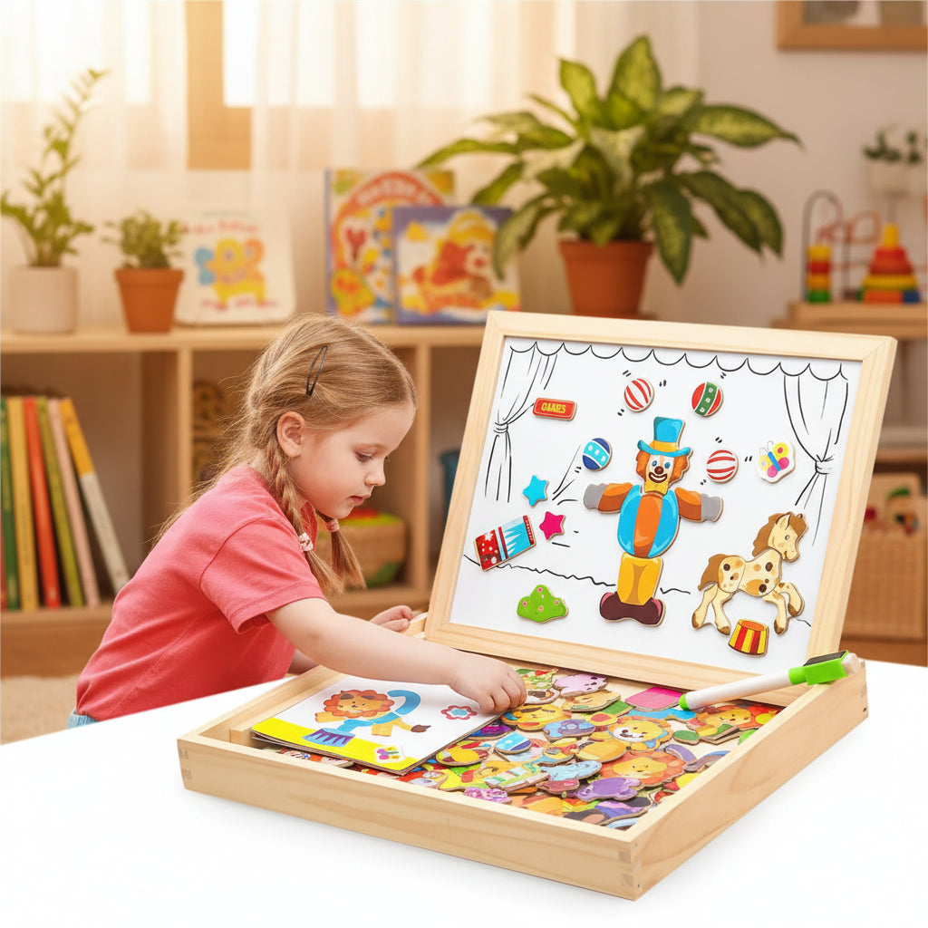 Wooden Magnetic Drawing Board | Portable Easel with 100+ Magnetic Letters & Numbers