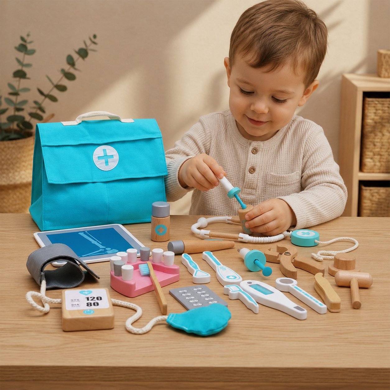 Kids Wooden Doctor Role Play Set | Montessori Medical Kit with Pretend Injection Toy