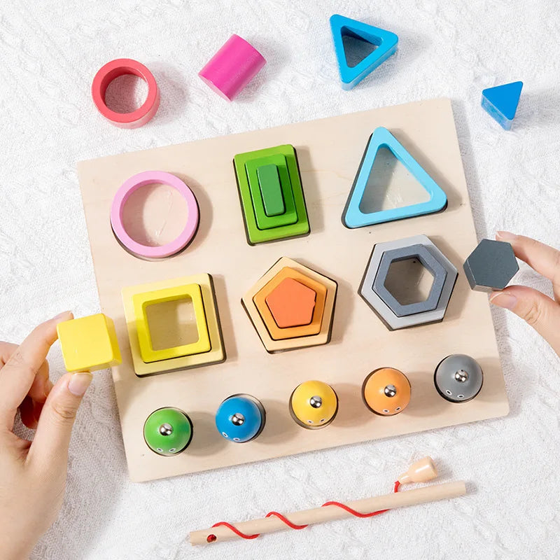 Wooden 5-in-1 Shape Sorting Board | Montessori Stacking, Colour Matching & Magnetic Fishing Toy
