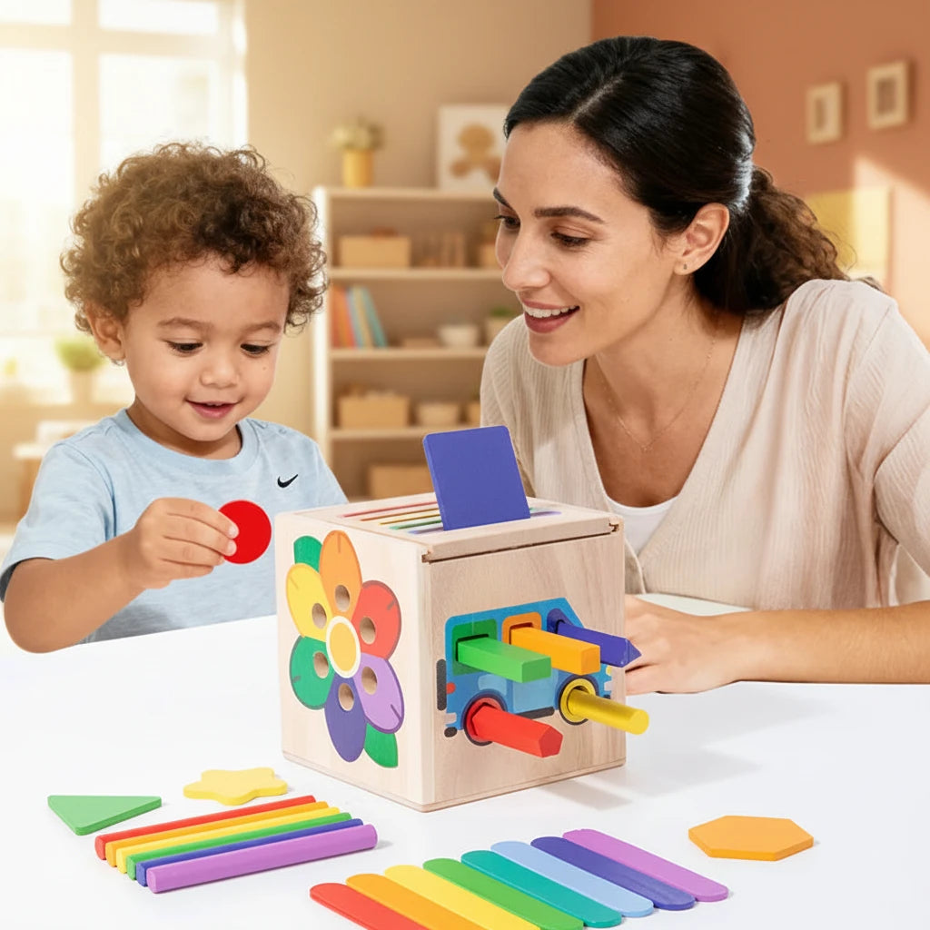Wooden 5-in-1 Shape Sorter | Montessori Activity Cube for Toddlers