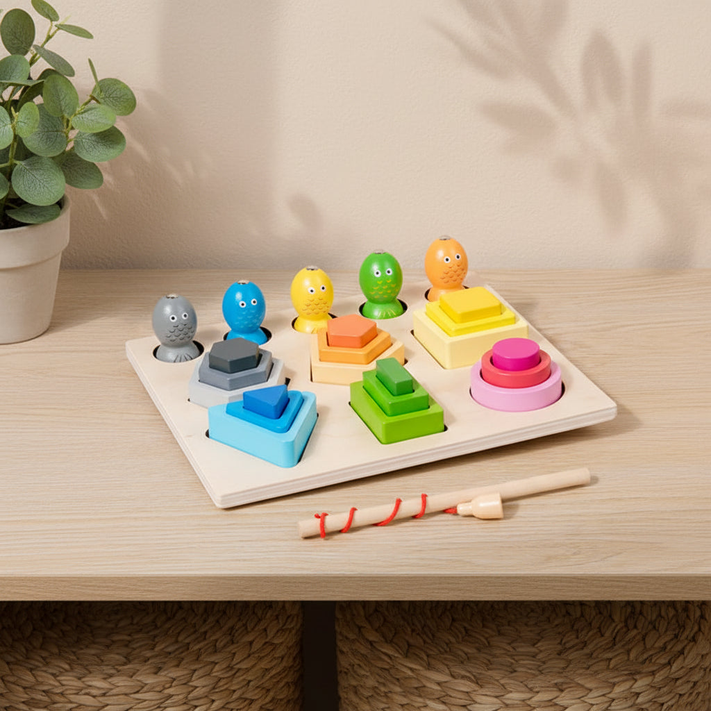 Wooden 5-in-1 Shape Sorting Board | Montessori Stacking, Colour Matching & Magnetic Fishing Toy