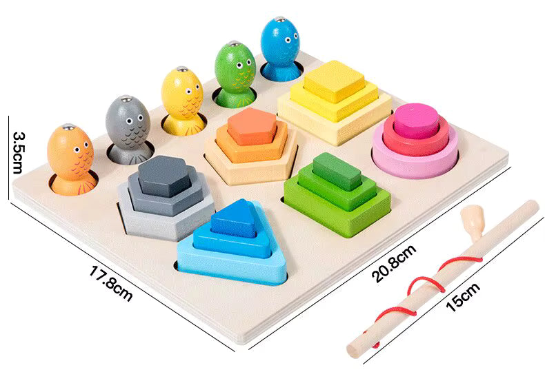 Wooden 5-in-1 Shape Sorting Board | Montessori Stacking, Colour Matching & Magnetic Fishing Toy