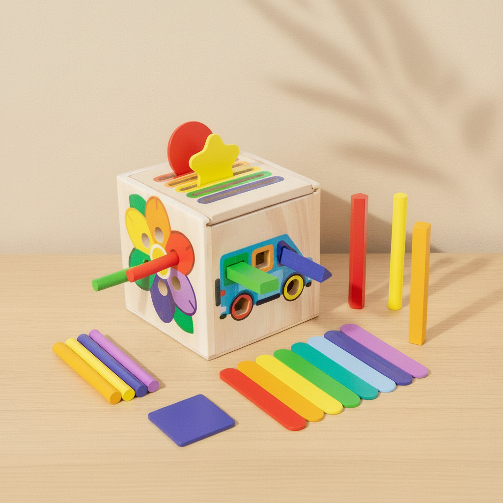 Wooden 5-in-1 Shape Sorter | Montessori Activity Cube for Toddlers
