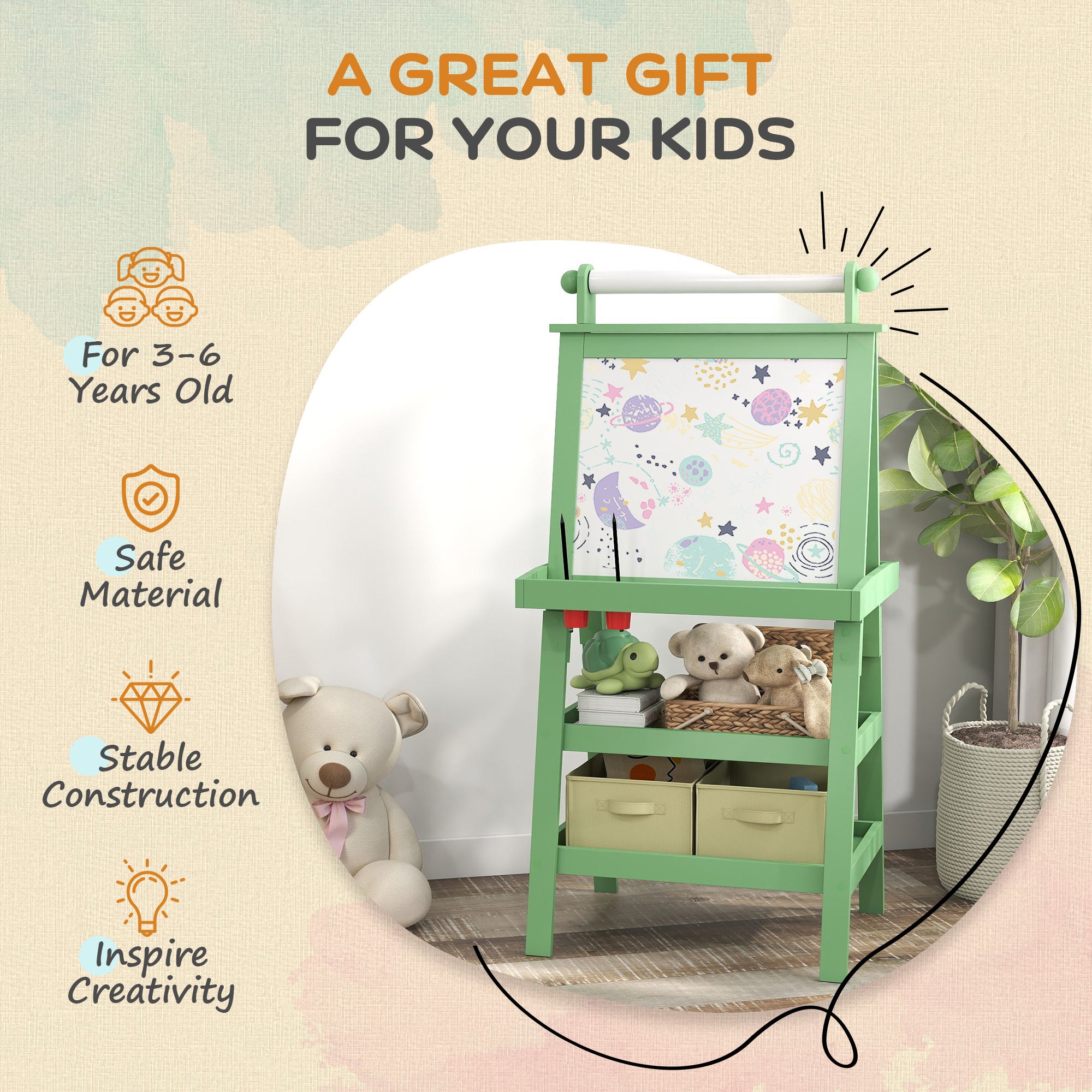 3-in-1 Kids Easel | Magnetic Whiteboard, Chalkboard & Paper Roll | green