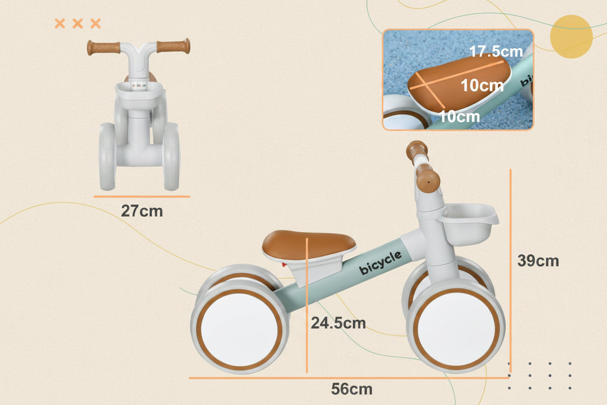 Kids Balance Bike For 1-3 Years Old With Adjustable Seat, Silent Wheels, Green - Tiny Explorers Club