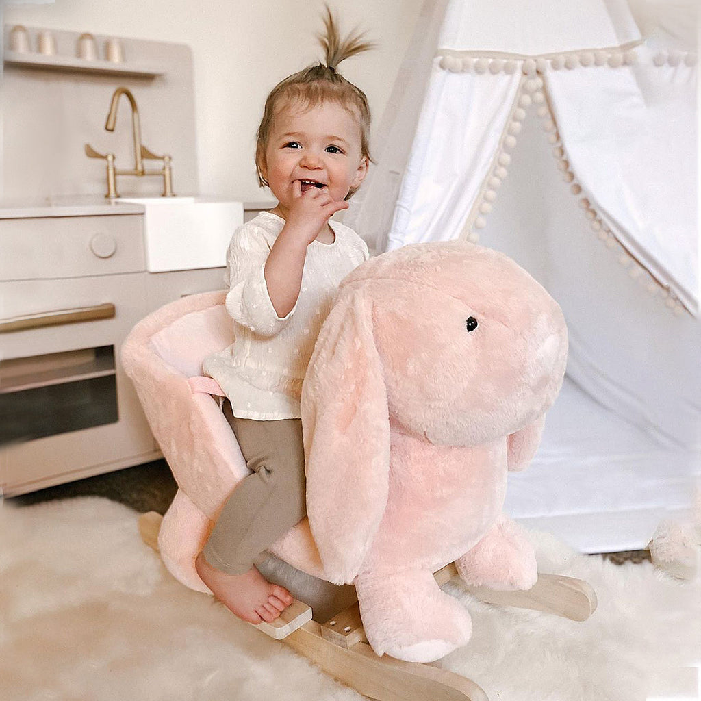 Kids Rocking Rabbit, Plush Rocking Horse Ride-On W/ Sound, Wood Base, Seatbelt, Pink - Tiny Explorers Club