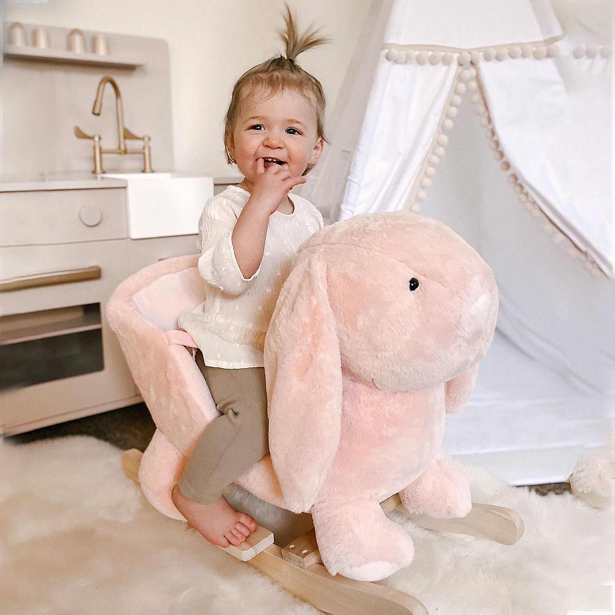 Kids Rocking Rabbit, Plush Rocking Horse Ride-On W/ Sound, Wood Base, Seatbelt, Pink - Tiny Explorers Club