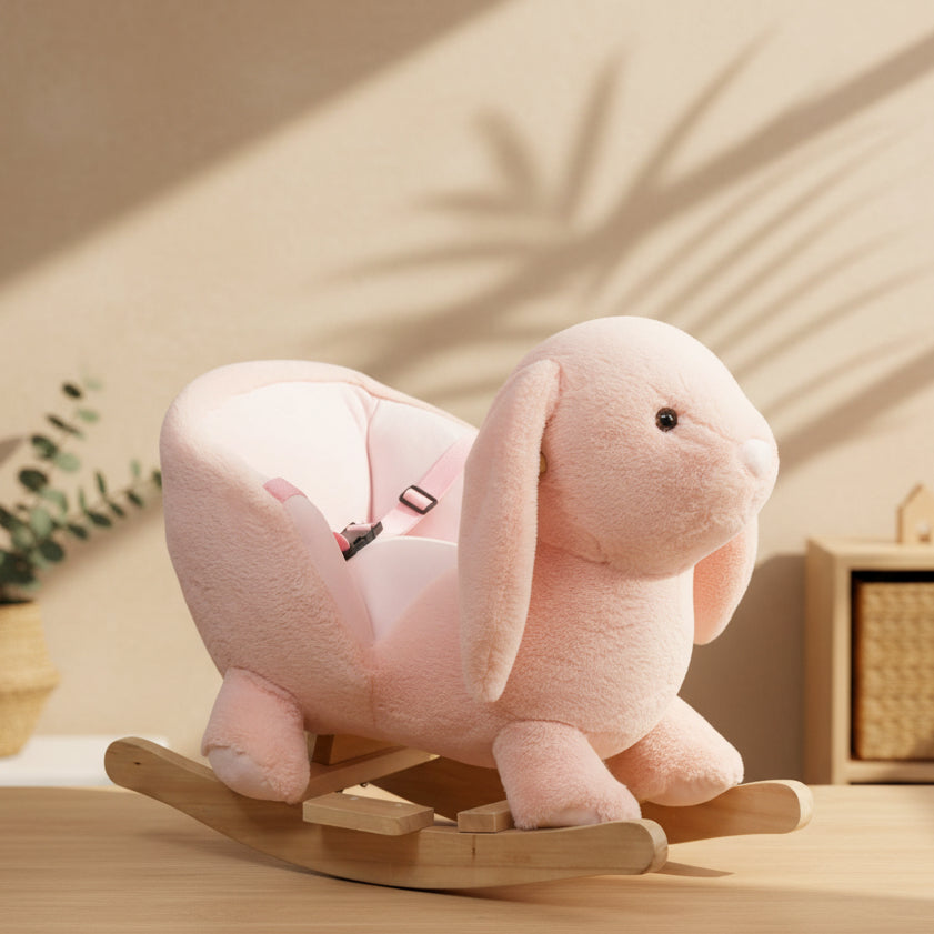 Kids Rocking Rabbit, Plush Rocking Horse Ride-On W/ Sound, Wood Base, Seatbelt, Pink - Tiny Explorers Club