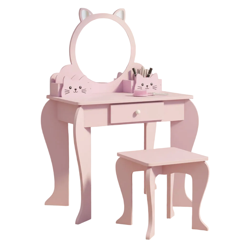 Kids Vanity Table & Stool Set | Wooden Dressing Table with Mirror & Storage