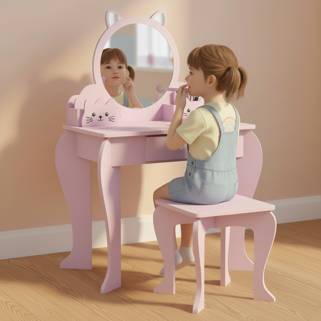 Kids Vanity Table & Stool Set | Wooden Dressing Table with Mirror & Storage