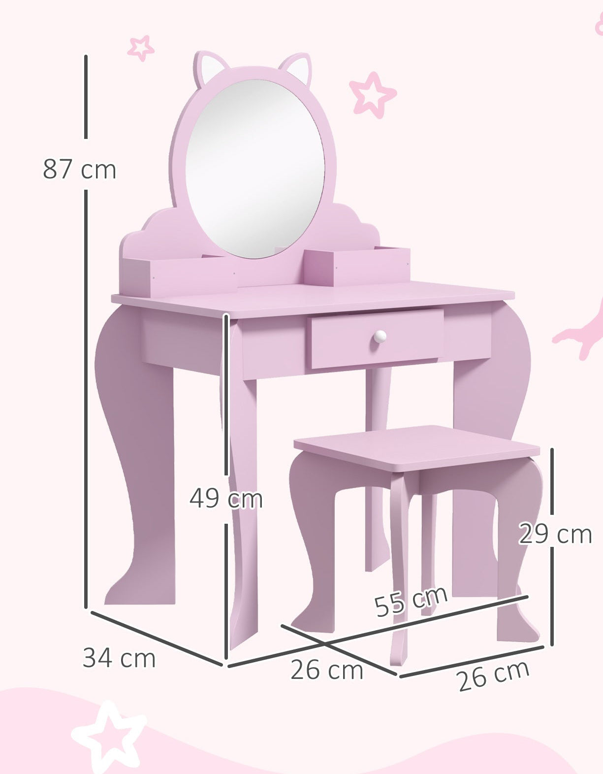 Kids Vanity Table With Mirror, Stool, Drawer, Storage Boxes, Cat Design- Pink - Tiny Explorers Club