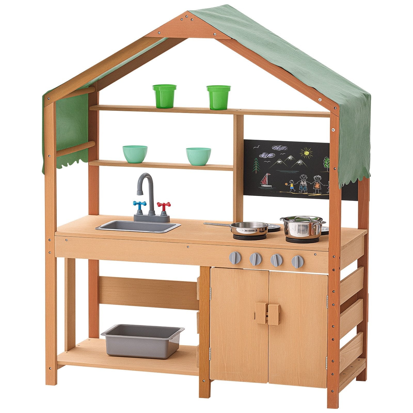 Mud Kitchen For Kids, Wooden Toy Play Kitchen Set With Accessories, Outdoor Toddler Grocery Store Playset, Pretend Play Kitchen With Stoves, Planter Boxes, Sink, Faucet, Blackboard, Cookware Pot - Tiny Explorers Club
