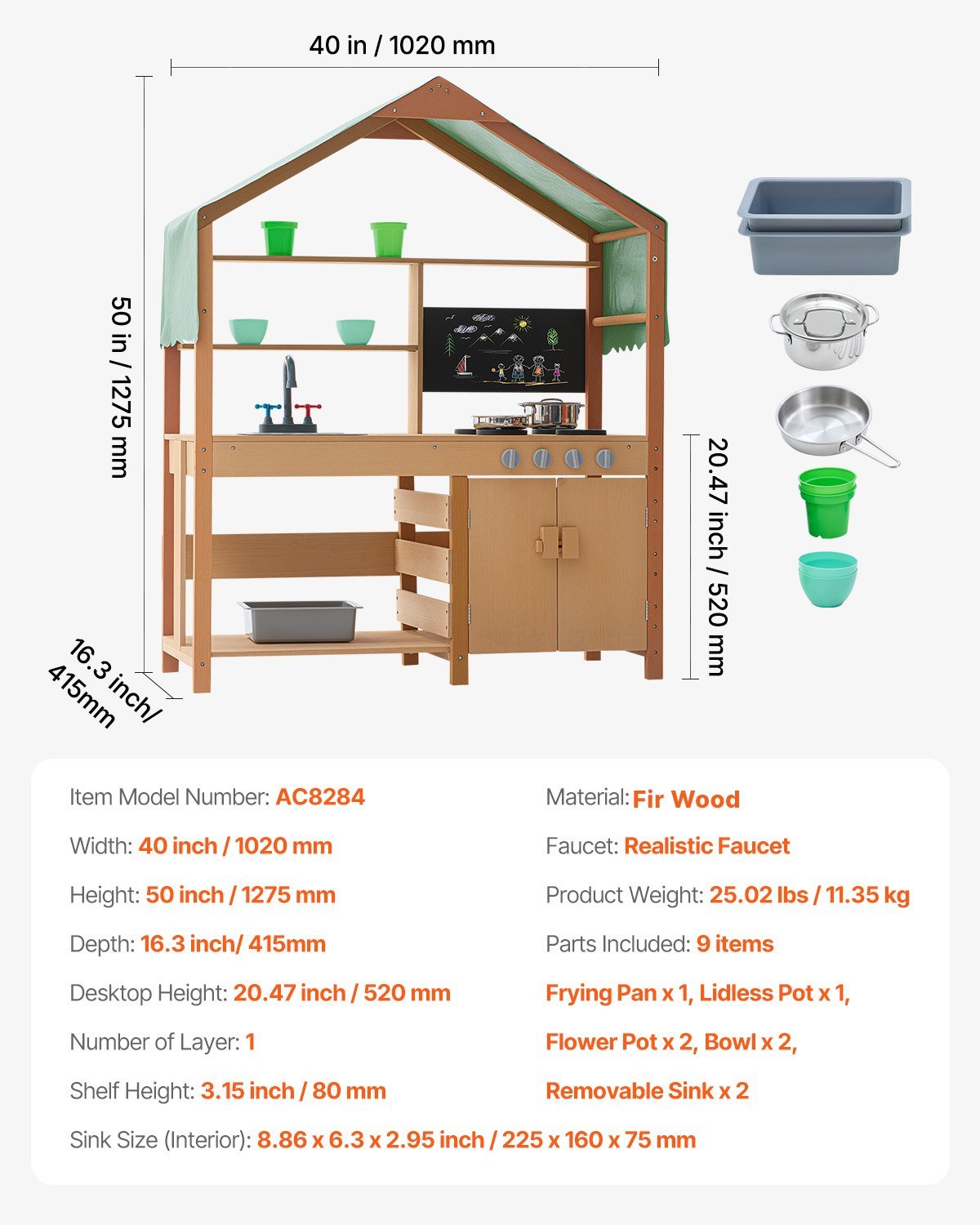 Mud Kitchen For Kids, Wooden Toy Play Kitchen Set With Accessories, Outdoor Toddler Grocery Store Playset, Pretend Play Kitchen With Stoves, Planter Boxes, Sink, Faucet, Blackboard, Cookware Pot - Tiny Explorers Club