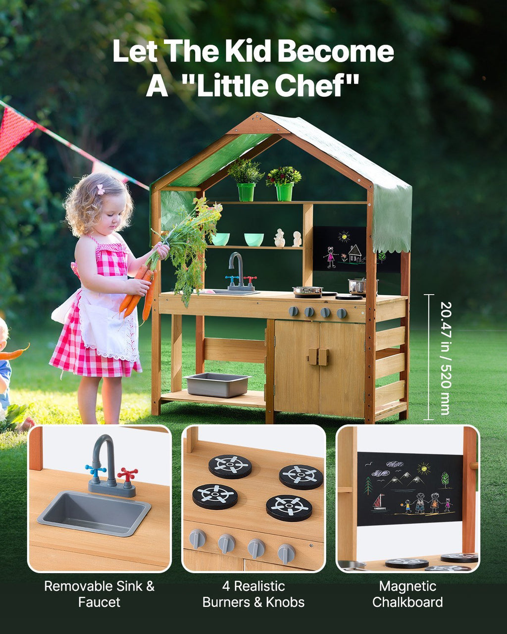 Mud Kitchen For Kids, Wooden Toy Play Kitchen Set With Accessories, Outdoor Toddler Grocery Store Playset, Pretend Play Kitchen With Stoves, Planter Boxes, Sink, Faucet, Blackboard, Cookware Pot - Tiny Explorers Club