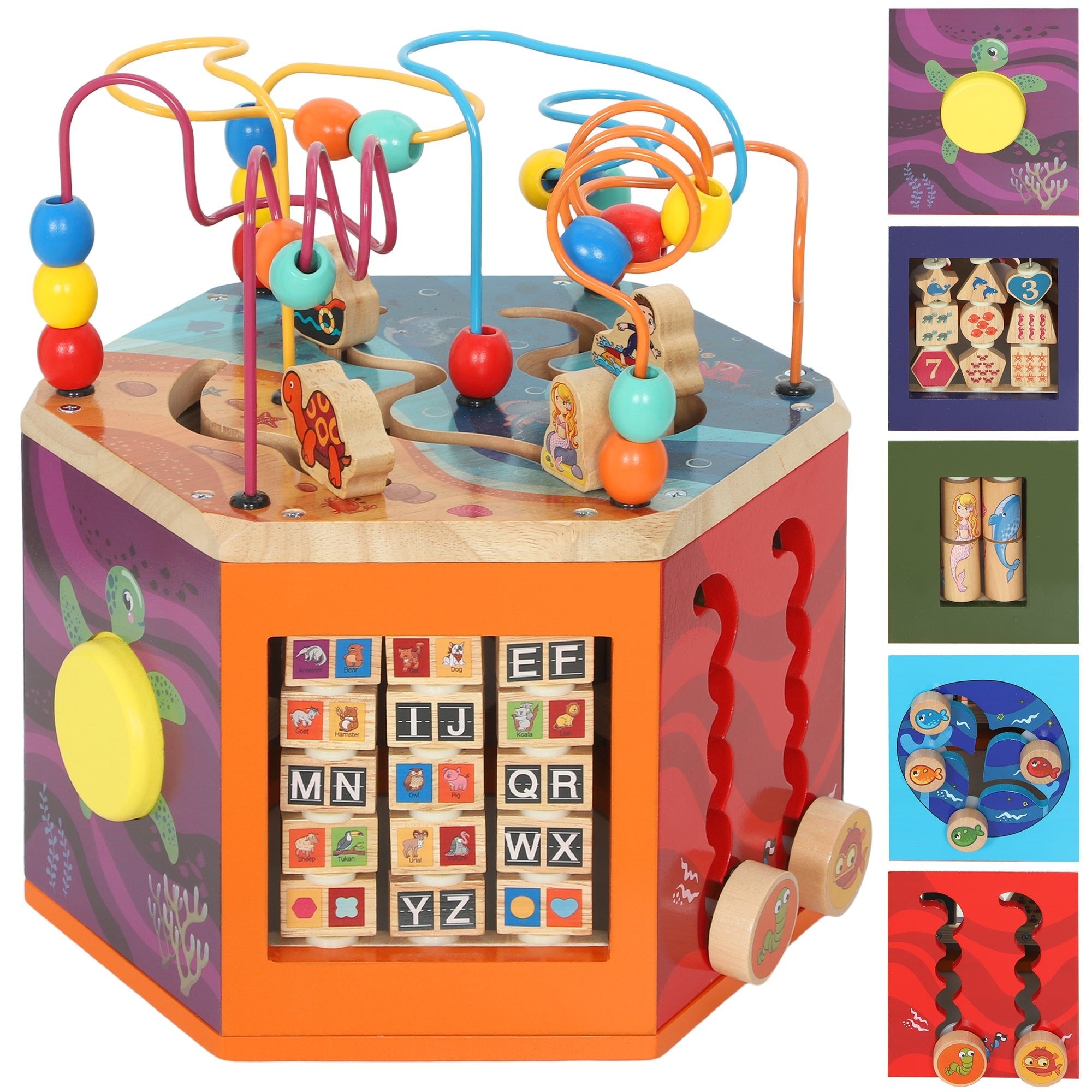 Wooden Activity Cube with Bead Maze, Pattern Sorter and more - Tiny Explorers Club