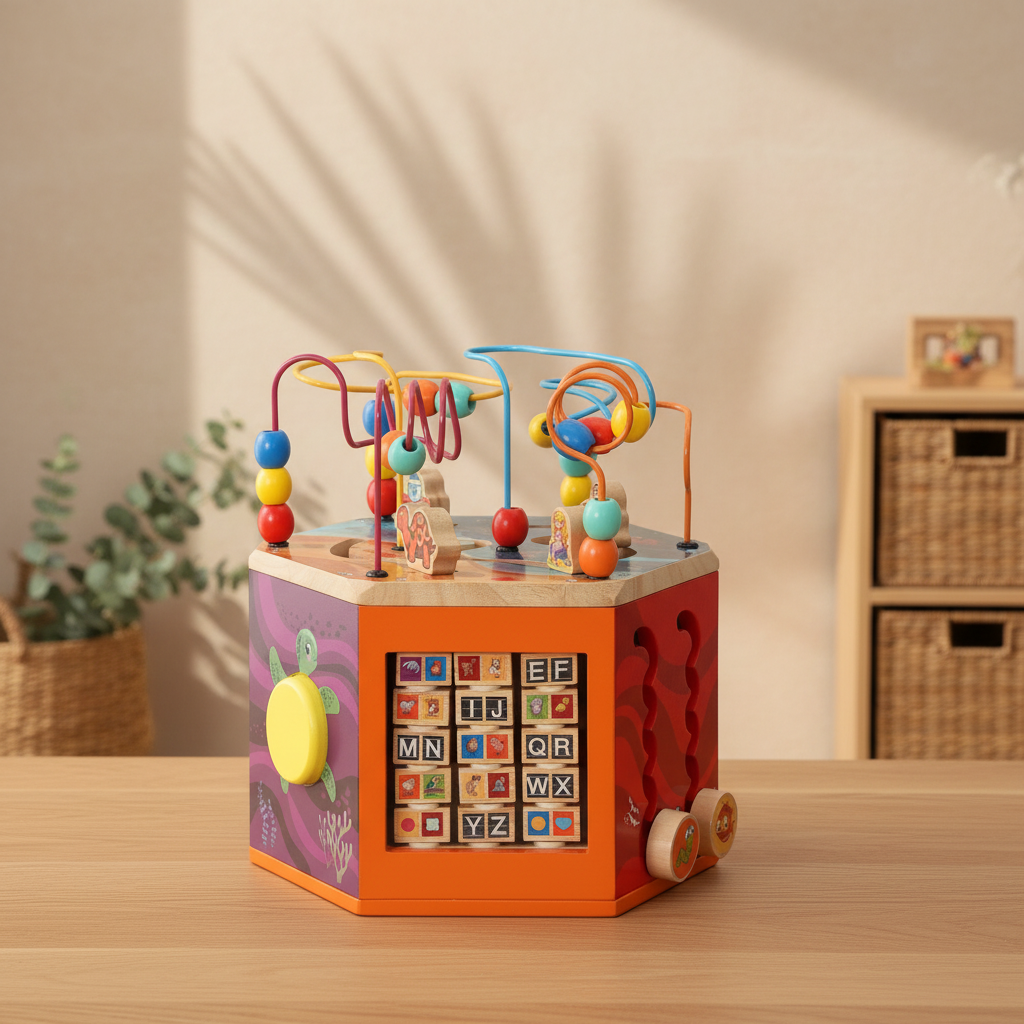 Wooden Activity Cube | Bead Maze, Shape Sorter & Learning Toy