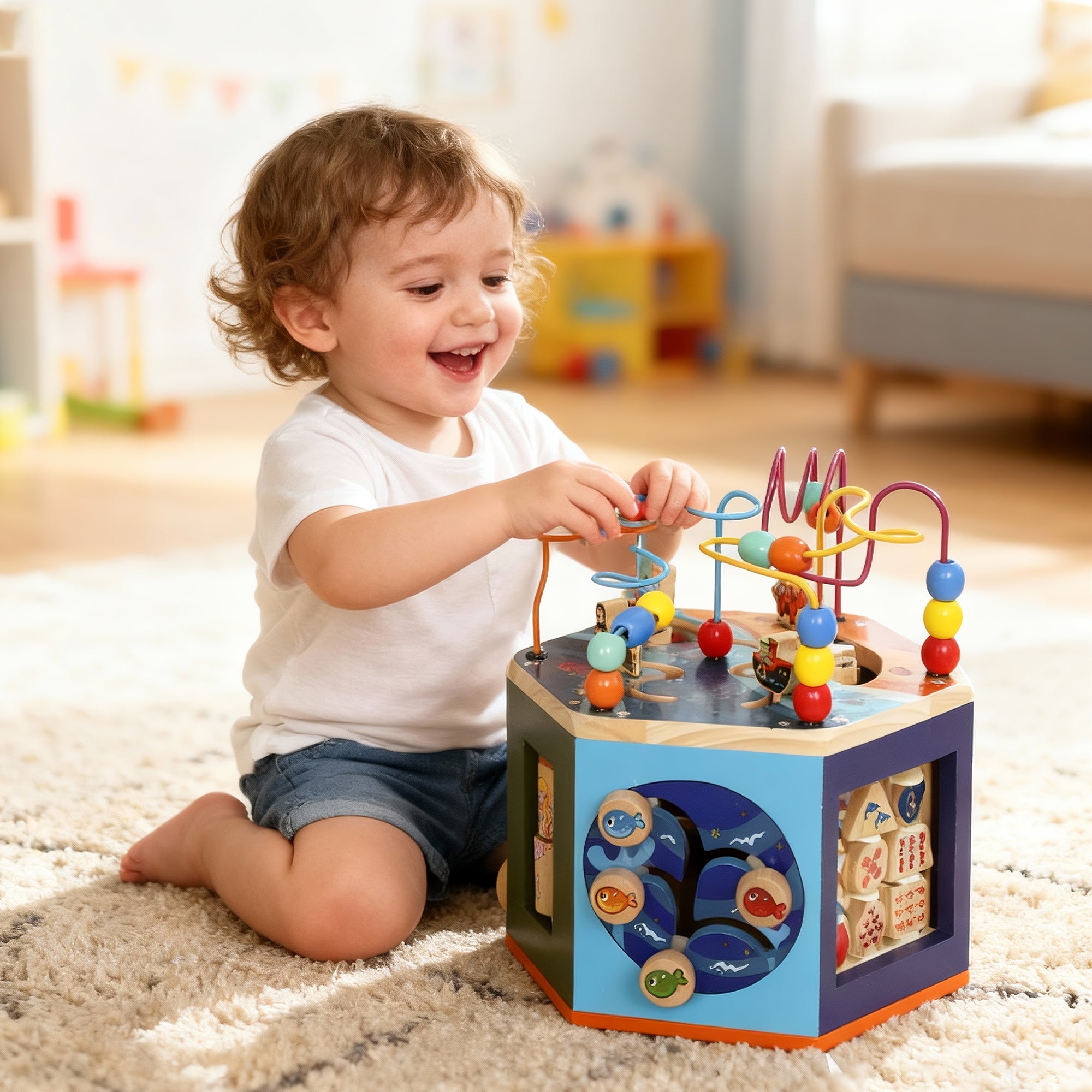 Wooden Activity Cube with Bead Maze, Pattern Sorter and more - Tiny Explorers Club
