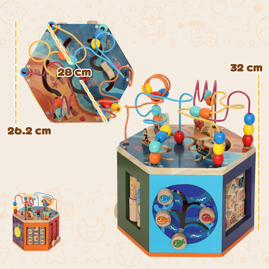 Wooden Activity Cube with Bead Maze, Pattern Sorter and more - Tiny Explorers Club