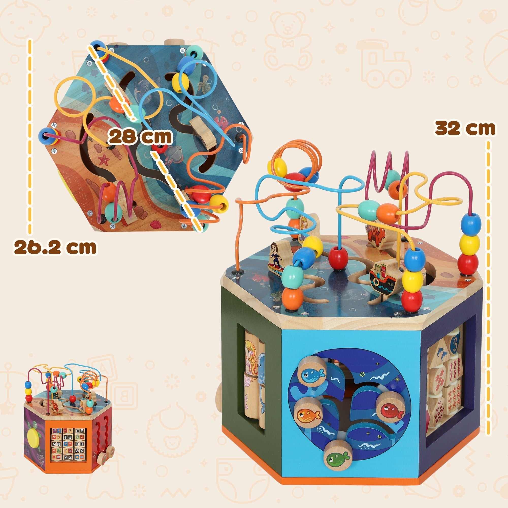 Wooden Activity Cube with Bead Maze, Pattern Sorter and more - Tiny Explorers Club